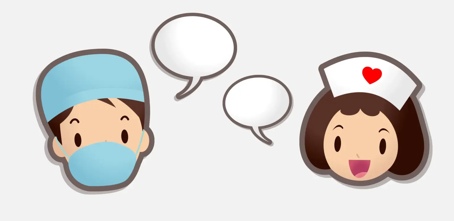 Remy & Remy Newsletterbeitrag Was bietet die elektronische Patientenakte Teaserbild Illustration von Gesichtern eines Krankenpflegers und einer Krankenpflegerin mit Sprechblasen im Comicstil