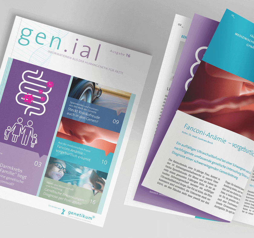 Magazine der Agentur Gen.ial liegen auf einem Tisch im Büro als Teil der internen Kommunikation und Inspiration für Markenentwicklung und Healthcare-Marketing