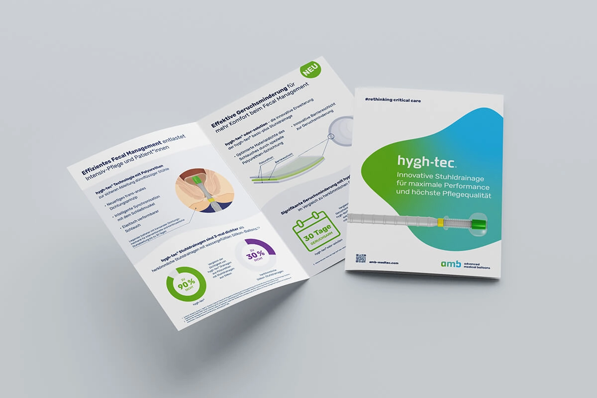 Referenzprojekt Advanced Medical Balloons - Marken-Entwicklung Produktflyer mit Logo und kurzem Text auf der Vorderseite; auf der Innenseite befinden sich weitere Informationen.