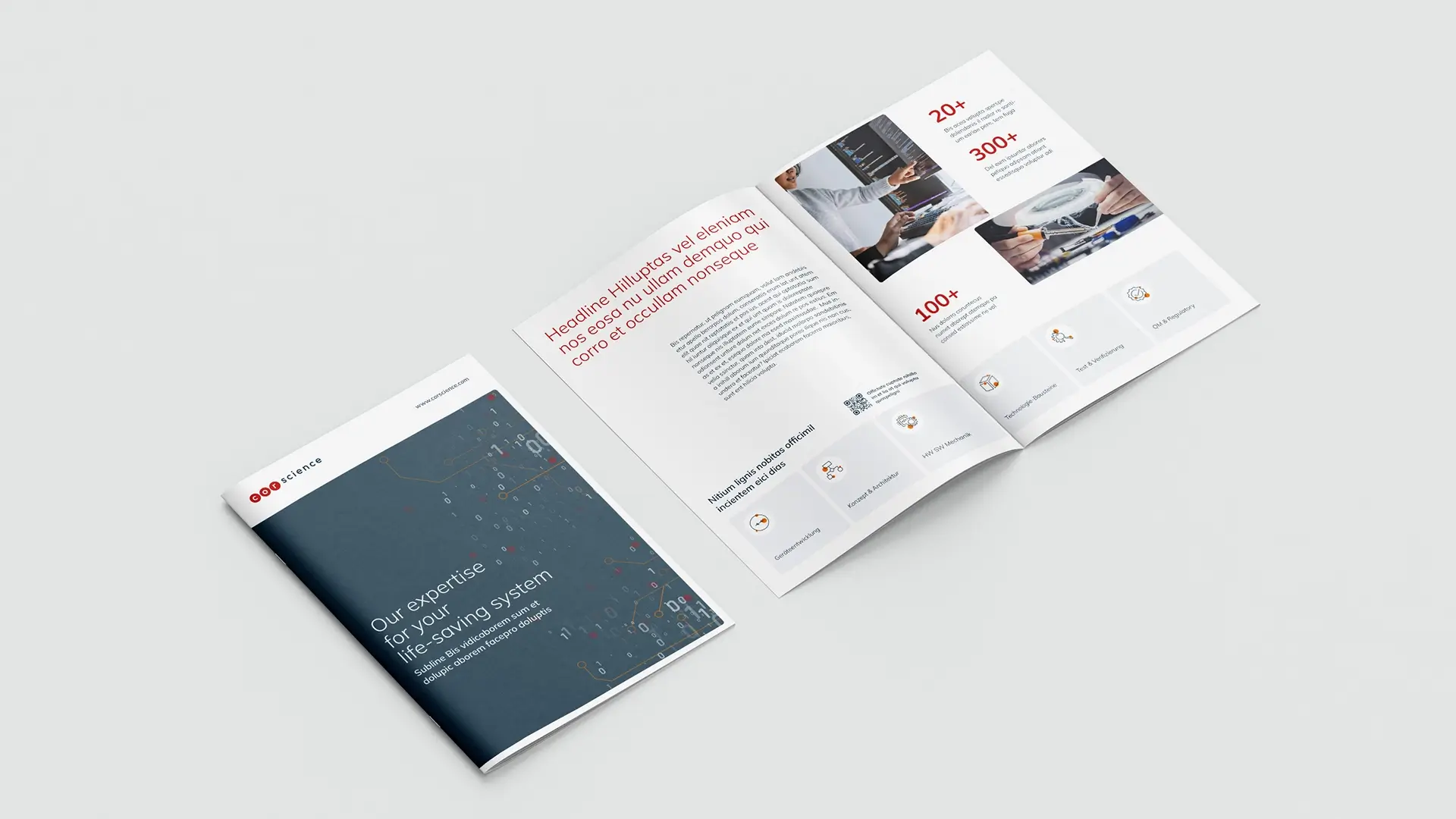 Referenzprojekt Corsience Corporate Design Relaunch - Mockup -Imagebroschüre von Corscience mit dunkelblauem Titelblatt. Oben befindet sich ein weißer Balken mit dem Corscience-Logo links und der Website-Adresse rechts. Auf der rechten Seite des Covers sind mehrfach die Ziffern 1 und 0 dargestellt, links mittig steht ein Werbeslogan. Im Innenteil werden Informationen über Corscience präsentiert, ergänzt durch farbige Bilder und Illustrationen.