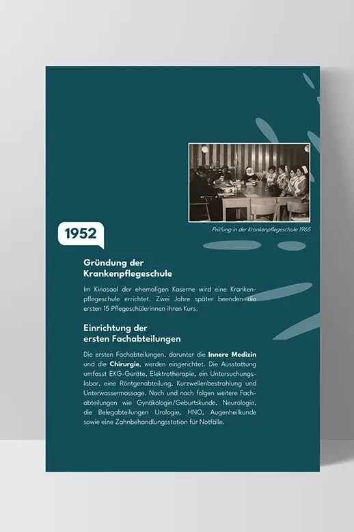 Referenzprojekt Caritas-Krankenhaus St. Josef Jubiläumskampagne - Mockup -Ausstellungstafel mit dunkelblauem Hintergrund. In weißer Schrift stehen Informationen zum Jahr 1952, in dem die Caritas gegründet wurde. Darüber befindet sich ein Schwarzweißbild.