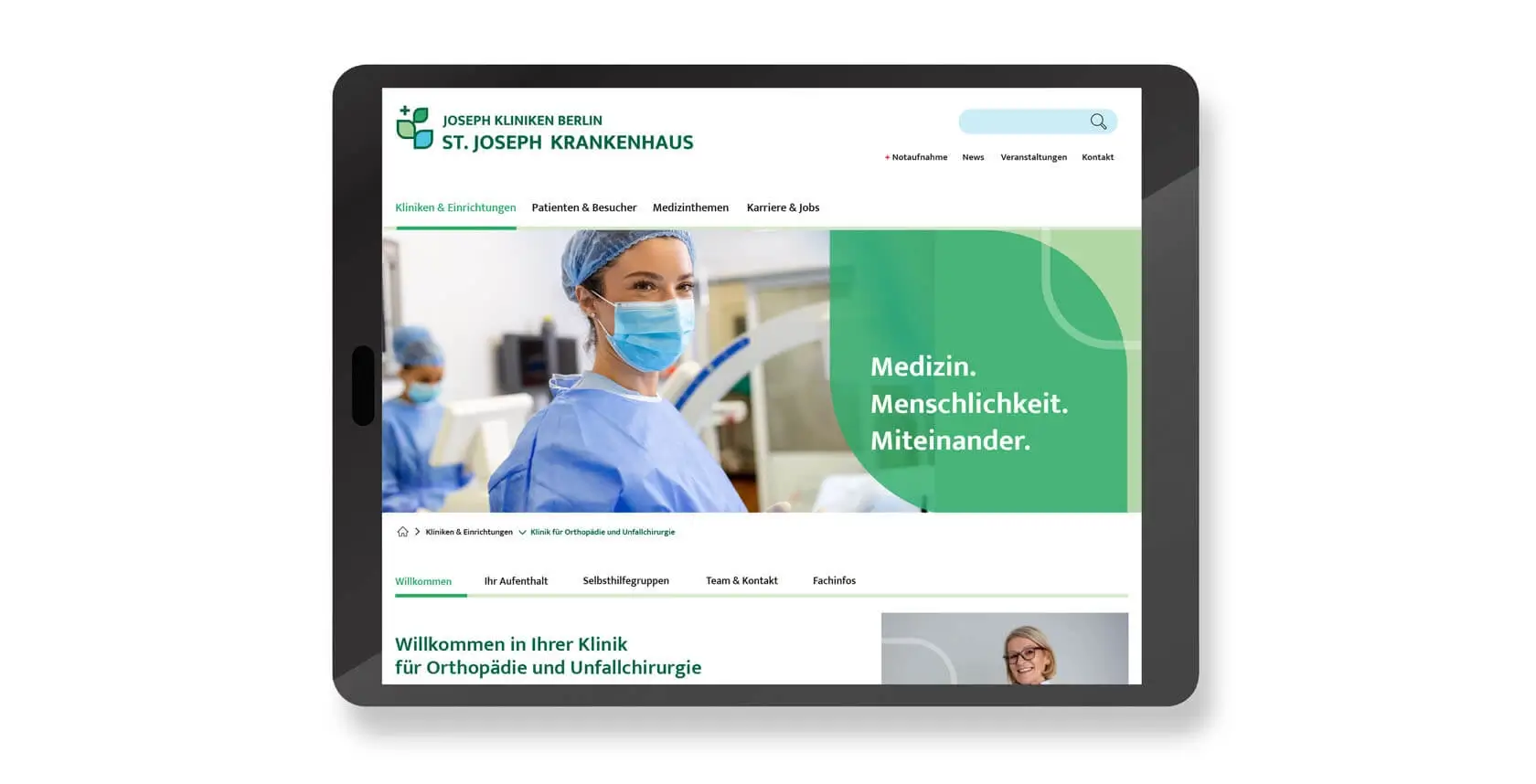 Referenzprojekt Joseph Kliniken Berlin - Markenentwicklung Mockup Webseite Stationär