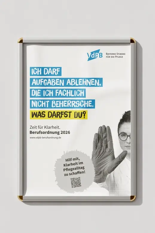 Referenzprojekt Vereinigung der Pflegenden in Bayern Kampagne zur Einführung einer Berufsordnung Mockup Stationsplakate