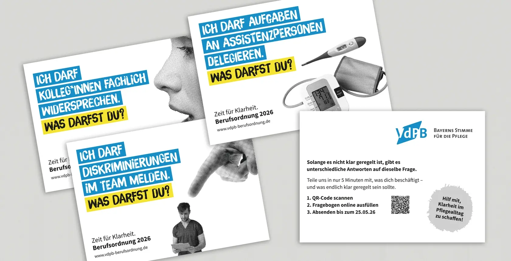 Referenzprojekt Vereinigung der Pflegenden in Bayern Kampagne zur Einführung einer Berufsordnung Mockup Postkarten mit Kampagenmotiv