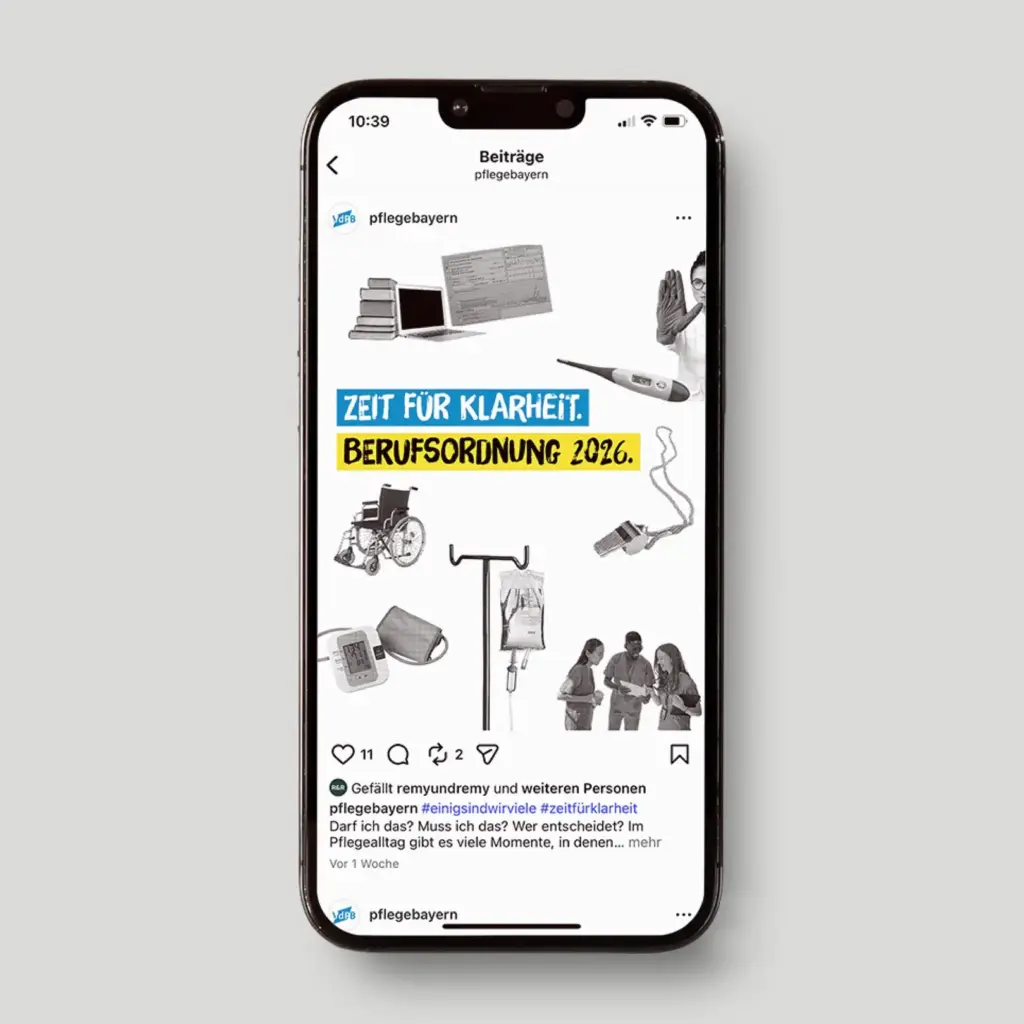 Referenzprojekt Vereinigung der Pflegenden in Bayern Kampagne zur Einführung einer Berufsordnung Mockup Social Media Mobil