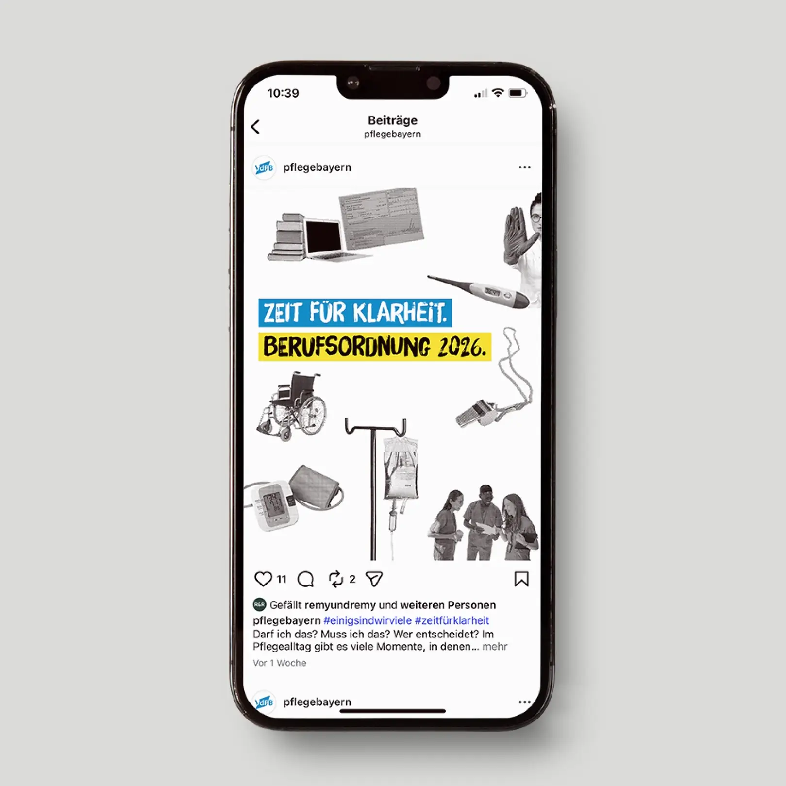 Referenzprojekt Vereinigung der Pflegenden in Bayern Kampagne zur Einführung einer Berufsordnung Mockup Social Media Mobil