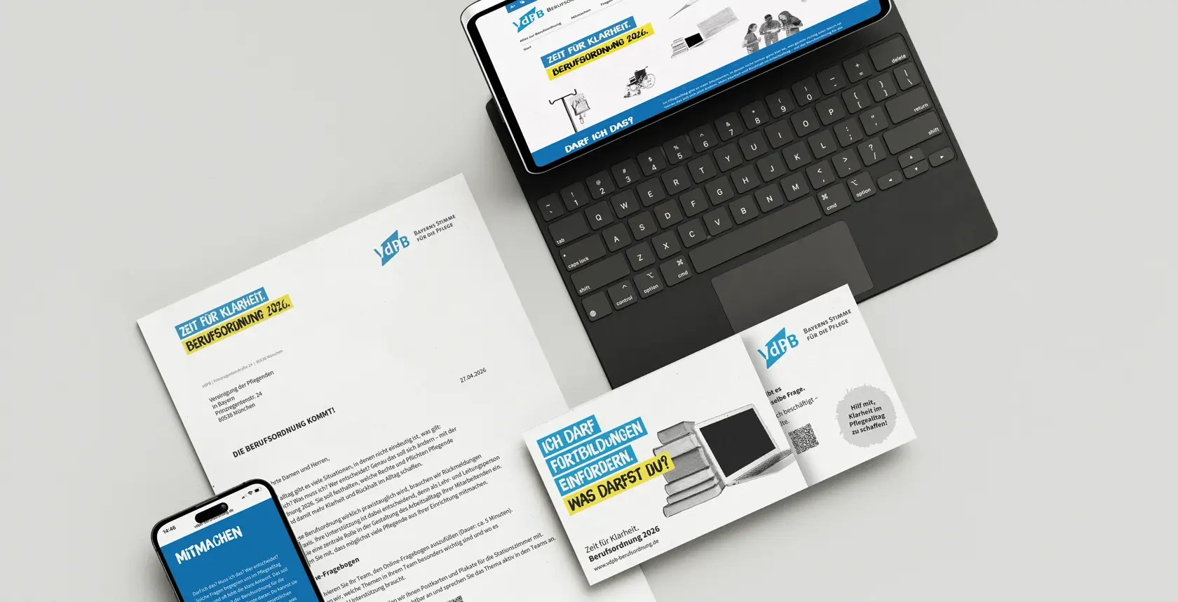 Referenzprojekt Vereinigung der Pflegenden in Bayern Kampagne zur Einführung einer Berufsordnung Mockup Landingpage Postkarten und Mailingliste