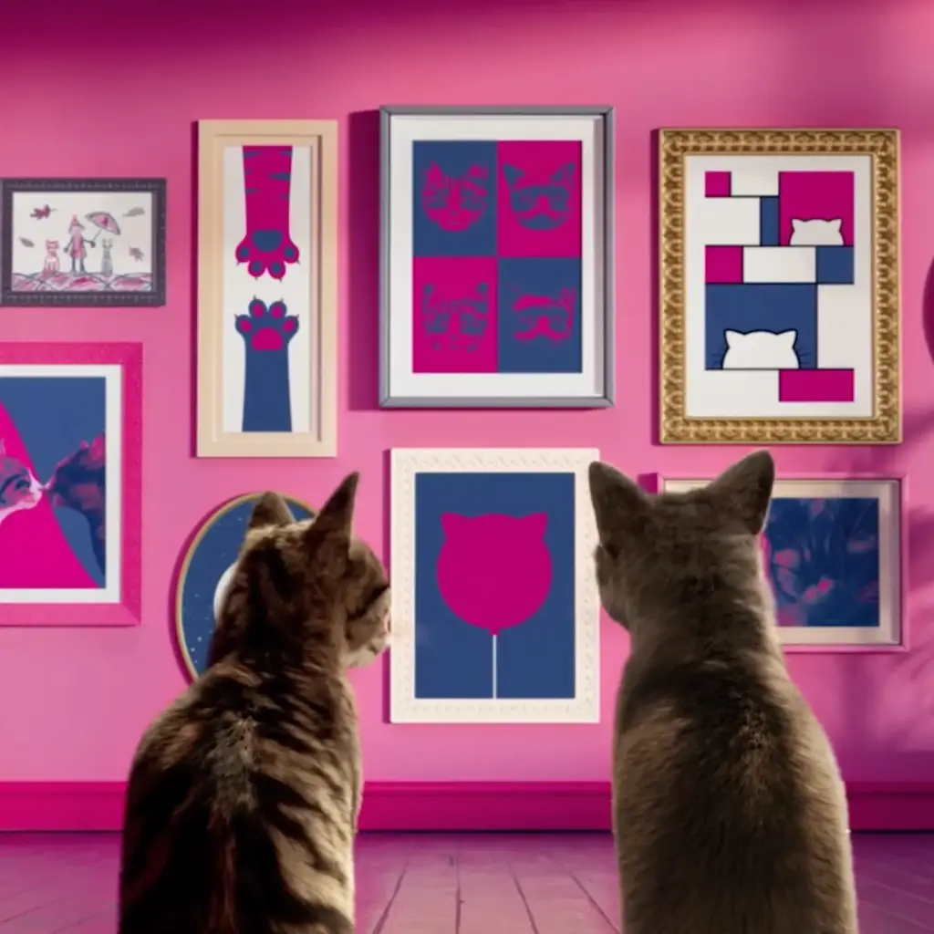 Referenzprojekt vetoquinol Kampagnenadaption Animiertes Teaserbild zeigt zwei Katzen von hinten, die in einem pinken Raum gemeinsam Bilder ansehen.