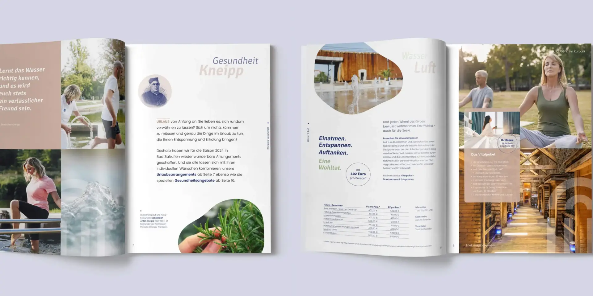 Referenzprojekt Bad Salzuflen Giveway Magazin - Mockup -Geöffnete Magazin-Innenseiten mit Bildern und Texten. Auf den ersten Doppelseiten sind eine Frau und ein Mann zu sehen, die sich bewusst mit Wasser beschäftigen. Auf den folgenden Seiten werden weitere Entspannungs- und Meditationsformen wie Yoga sowie ein Innenraum aus Bad Salzuflen dargestellt.