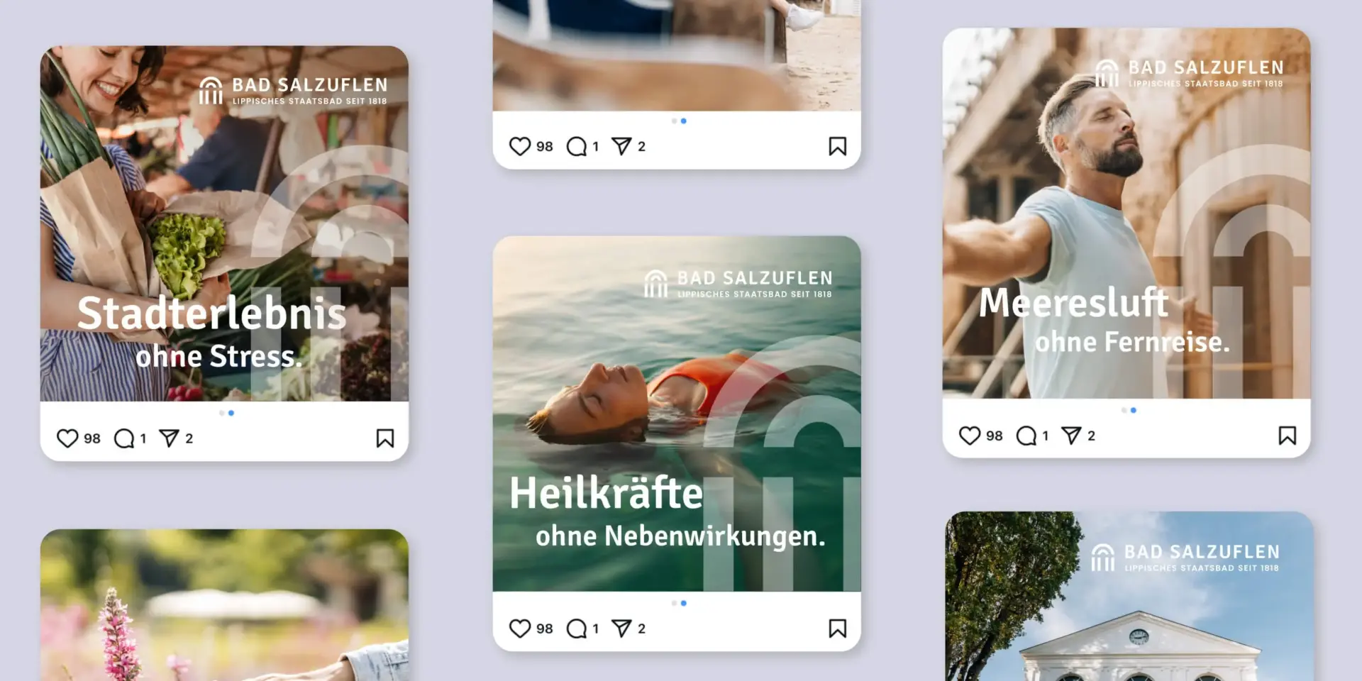Referenzprojekt Bad Salzuflen Giveway Kampagne - Mockup mit mehreren Instagram-Posts. Zu sehen sind eine einkaufende Frau, eine Frau im Wasser und ein Mann mit ausgebreiteten Armen und geschlossenen Augen. Die Posts enthalten Werbeslogans und ein Logo oben links. Zusätzlich sind drei weitere Instagram-Posts teilweise sichtbar und zur Hälfte abgeschnitten.